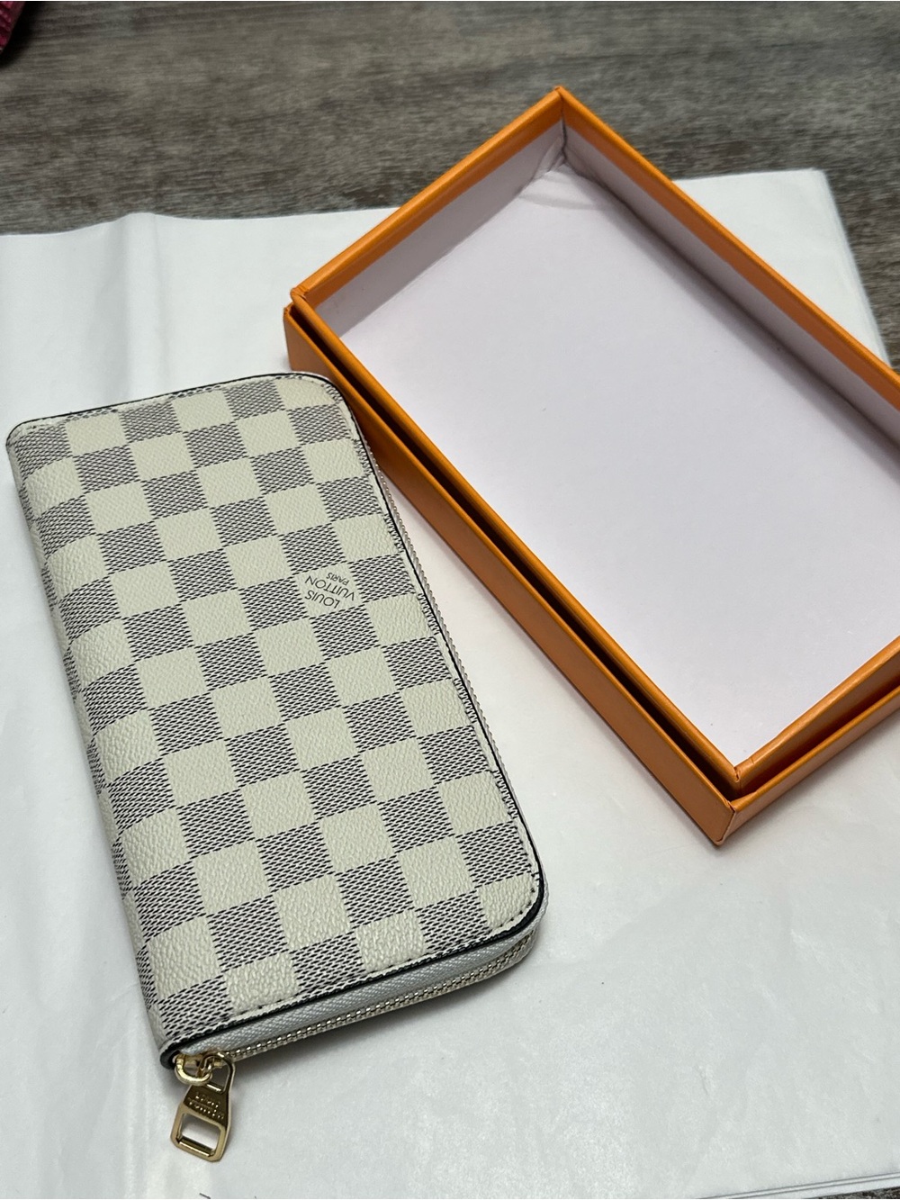 White Checkered Damier Azur Zip Around Card Holder Wallet